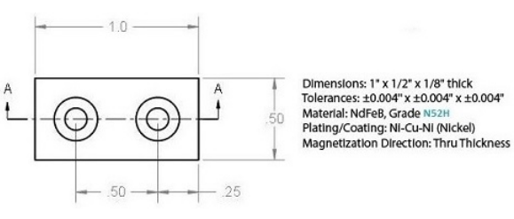 Schematic diagram of Rectangular neodymium magnet with 2 counterbore