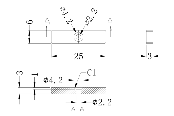 Rectangular magnet drawing with screw holes in the middle