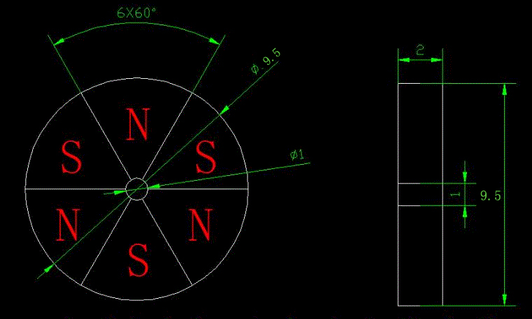 Hall encoder ring magnet 9.5 x 1 x 2 mm drawing