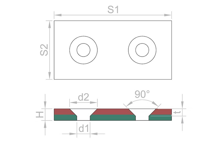 Drawing of rectangular counterbore neodymium magnet