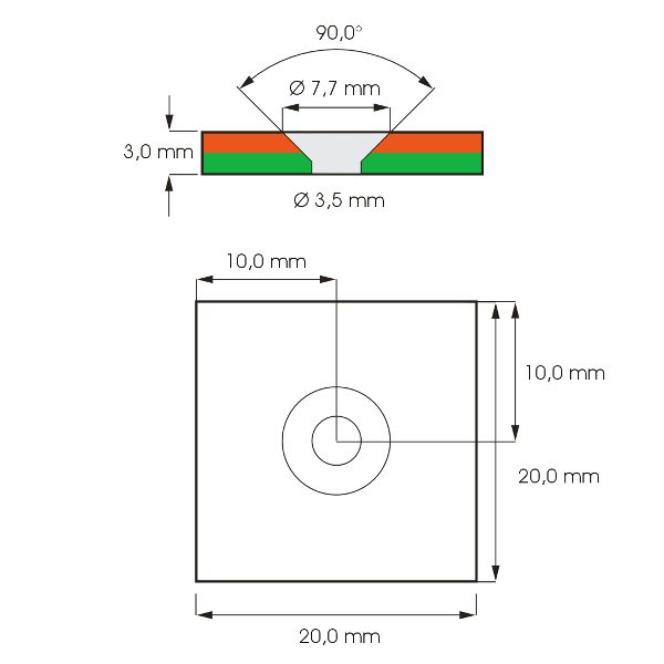 Square Flat magnet with screw hole counterbore drawing reference