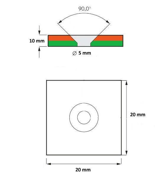 20x20x10mm square countersunk neodymium magnet drawing