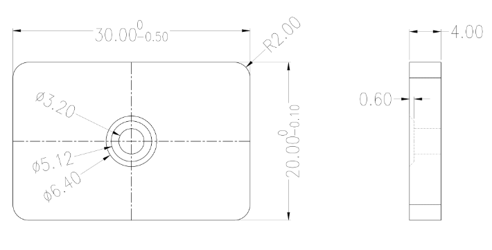 Size diagram of rectangular block of 30x20x4mm countersunk ferrite magnets