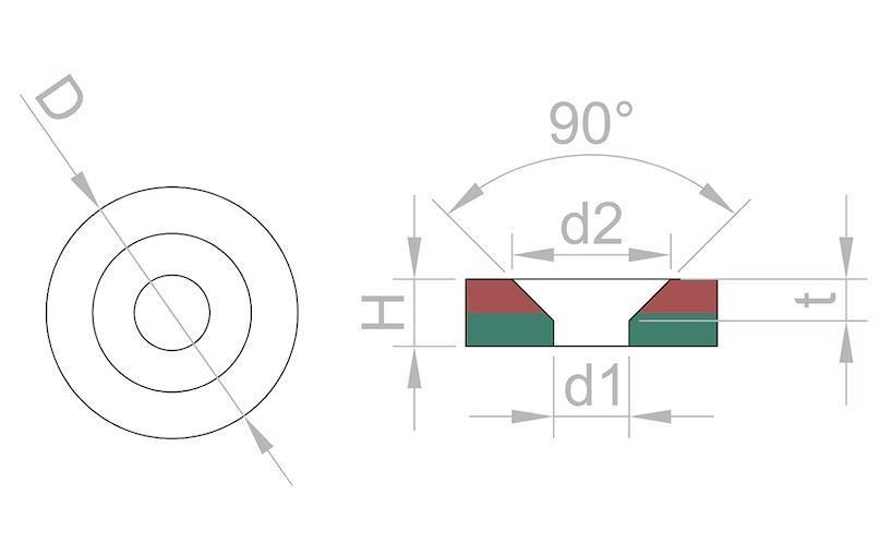 Dimensional diagram of round disc countersunk neodymium magnets