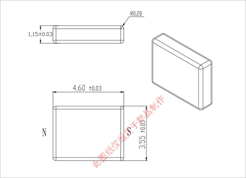 4.6x3.55x1.15mm small rectangular rare earth neodymium magnet size drawing