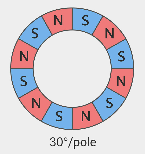 Magnetic pole distribution diagram for a 12-pole magnetic ring (30° per pole)